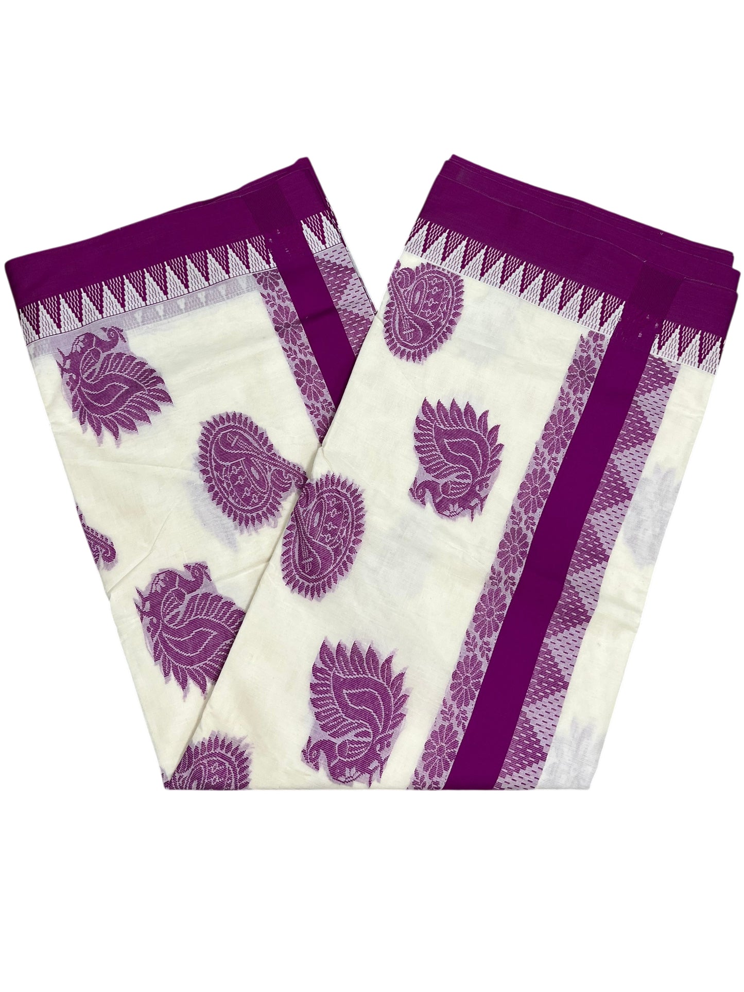 Southloom Pure Cotton Kerala Saree with Voilet Heavy Woven Designs and Temple Border