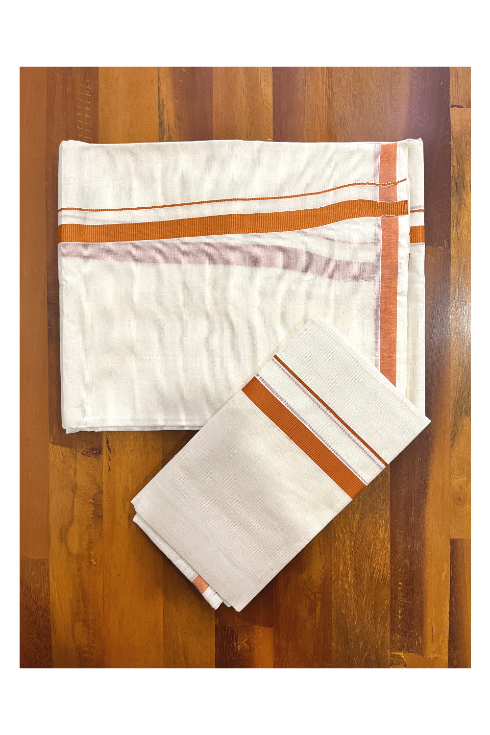 Kerala Cotton Plain Mundum Neriyathum Single (Set Mundu) with 0.5 inch Orange Border