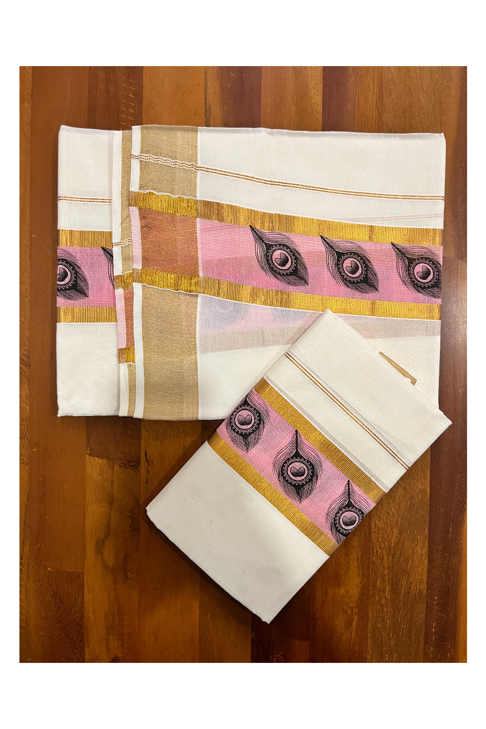 Kerala Pure Cotton Set Mundu Single (Mundum Neriyathum) with Feather Block Prints on Pink and Kasavu Border