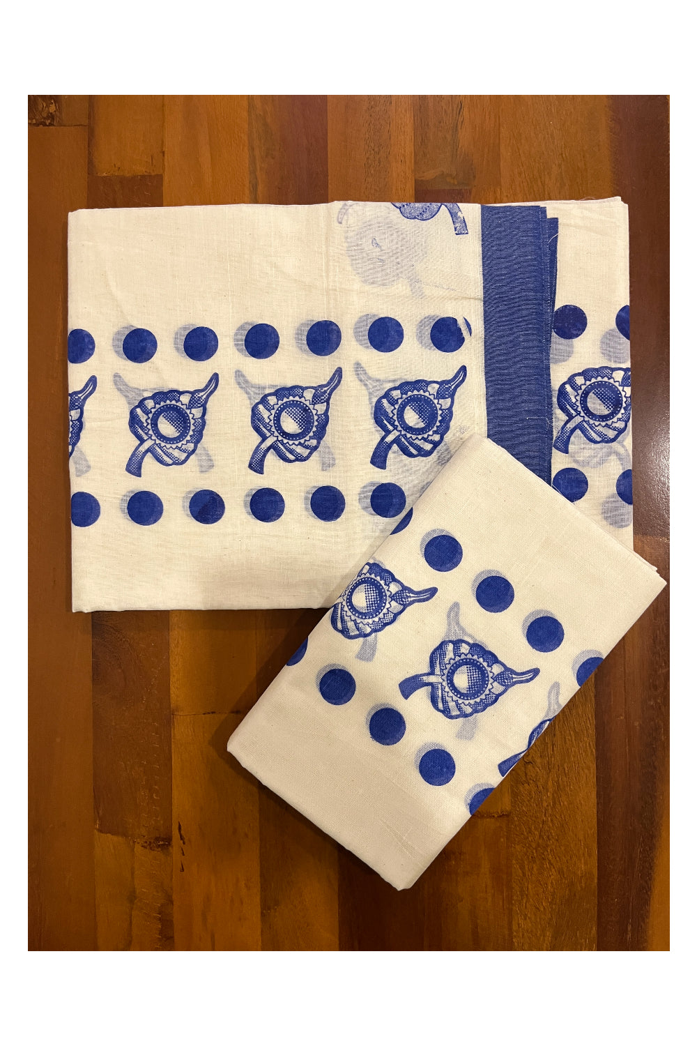 Kerala Cotton Set Mundu (Mundum Neriyathum) with Blue Polka Leaf Block Prints on Border