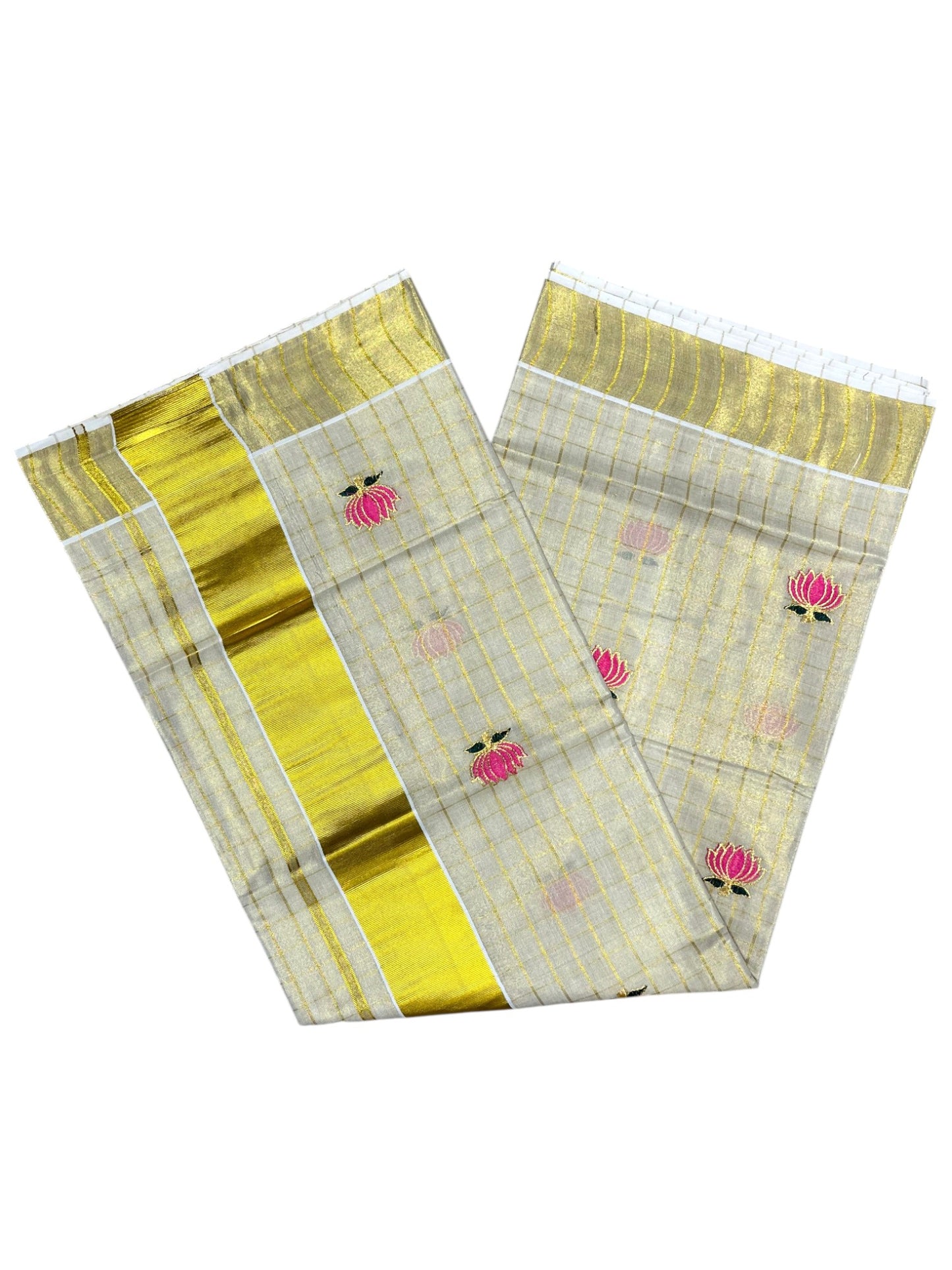 Southloom Kerala Tissue Kasavu Check Saree with Pink And Green Lotus Embroidary Works on Body