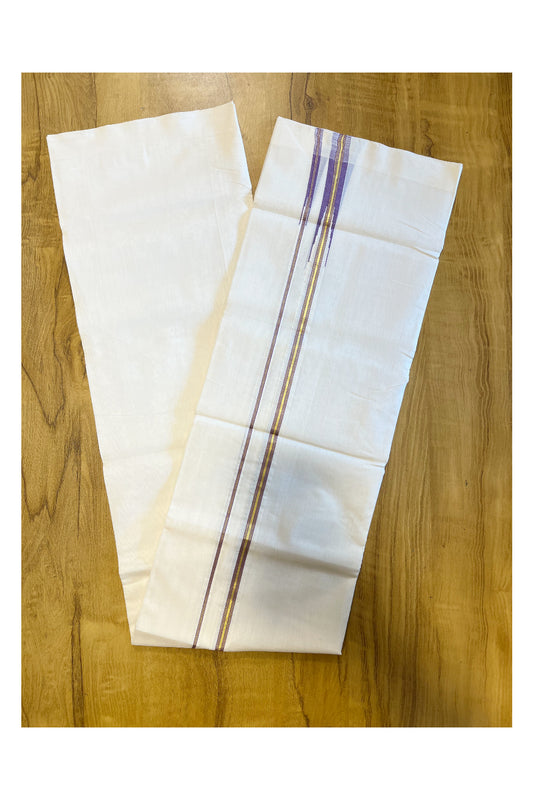 Southloom Premium Handloom Pure Cotton Mundu with Violet and Golden Woven Border