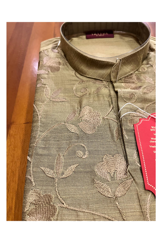 Southloom Brown Floral Woven Semi Silk Short Kurta for Men