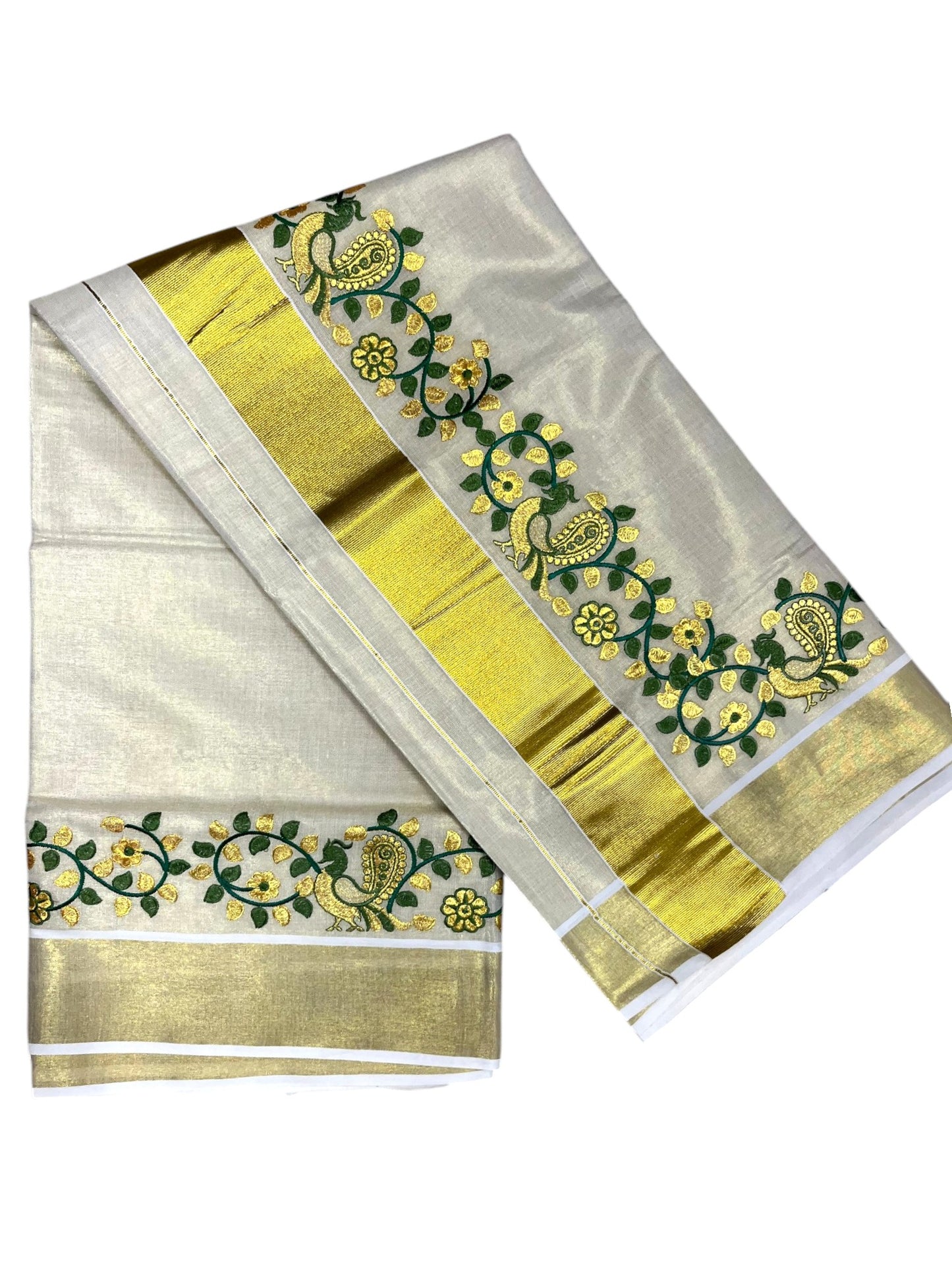 Southloom Kerala Tissue Kasavu Saree with Green And Golden Peacock Embroidery Works