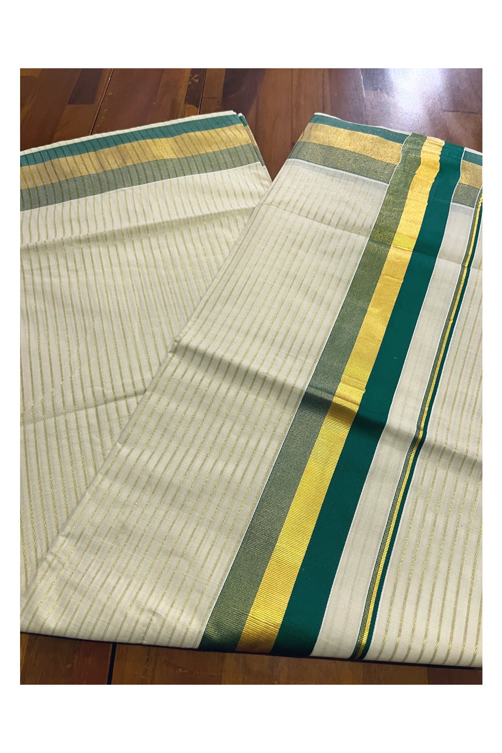 Pure Cotton Kerala Kasavu Lines Design Saree with Green Border