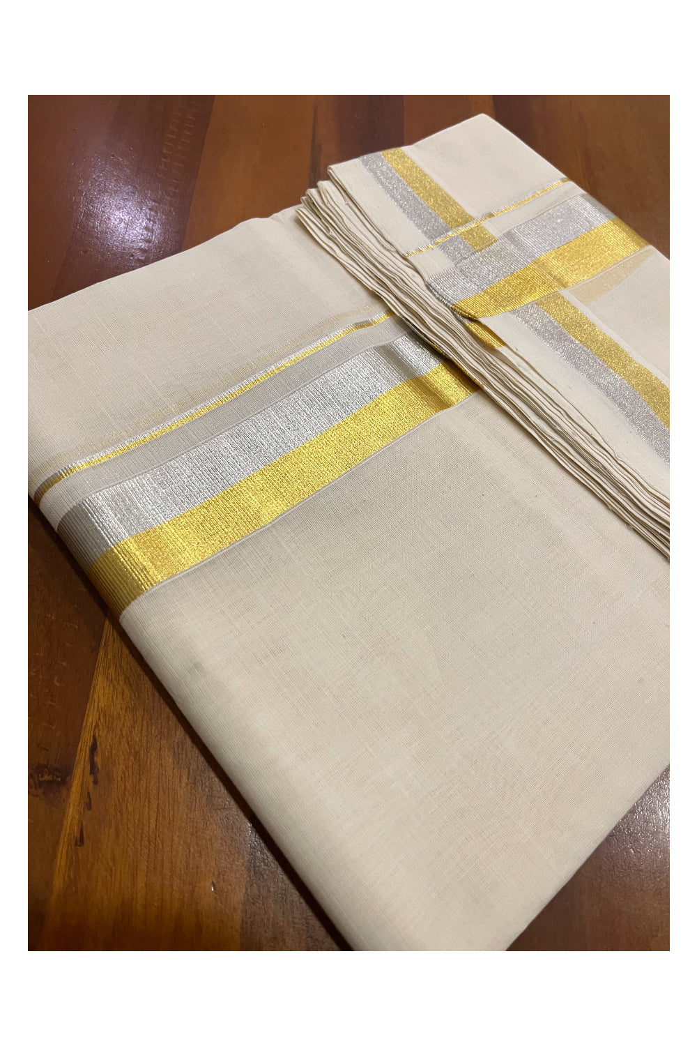 Premium Balaramapuram Unakkupaavu Handloom Silver and Golden Kasavu Mundu (South Indian Kerala Dhoti)