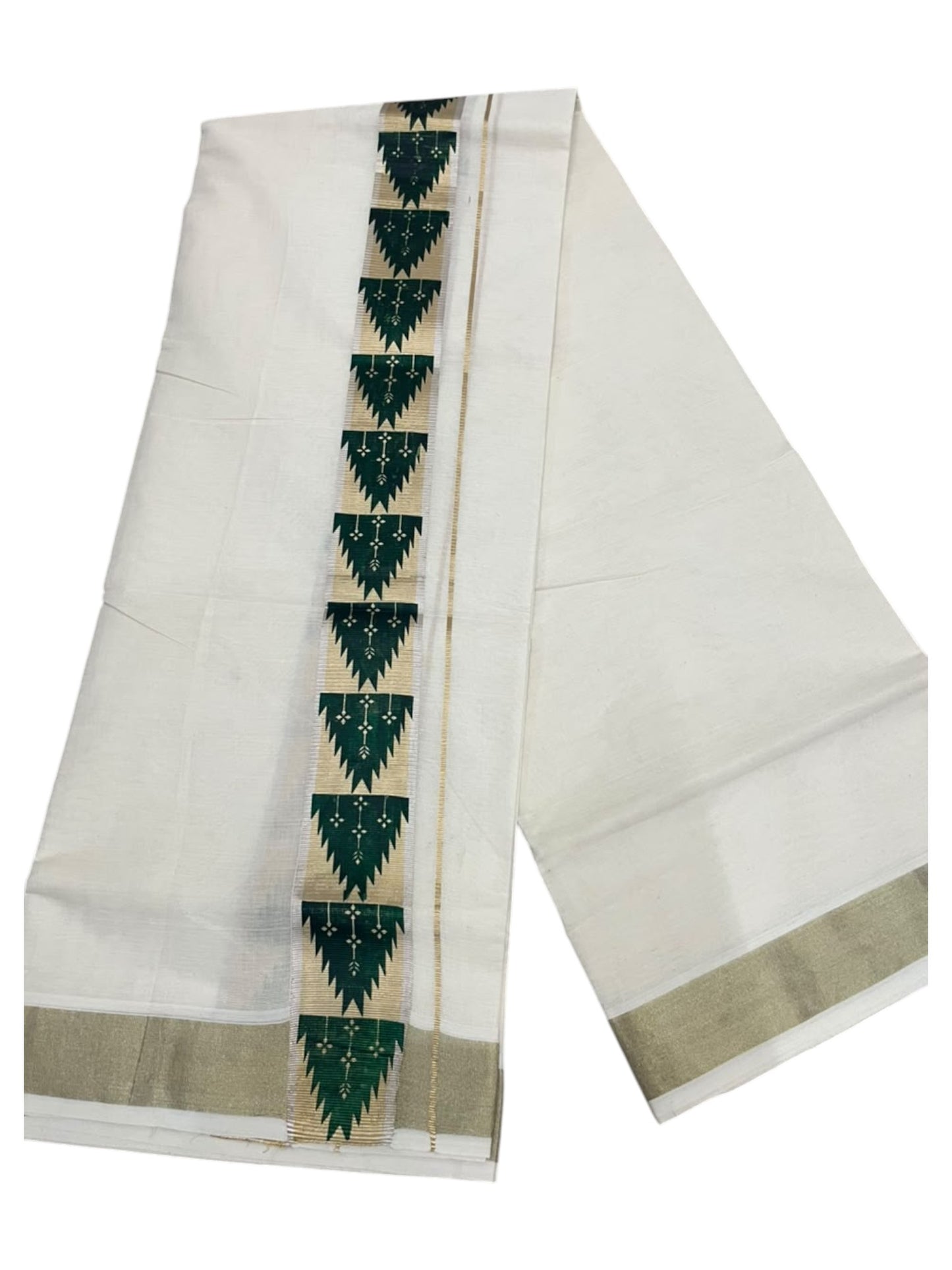 southloom Pure Cotton Double Mundu with Block Prints on Green Border (South Indian Dhoti)SL613