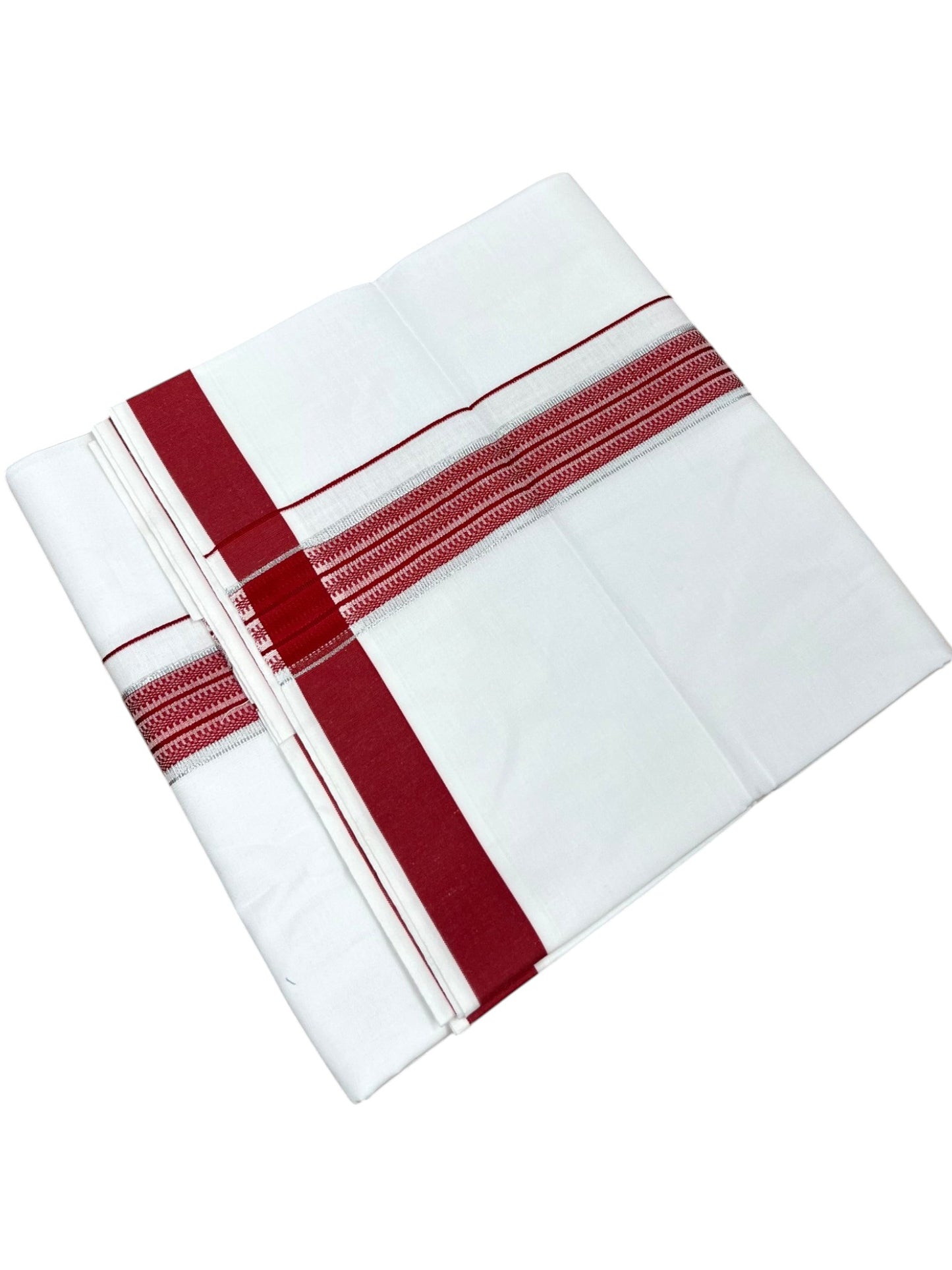 Southloom Pure White Cotton Single Mundu with Silver Line & Maroon Border (South Indian Kerala Dhoti)