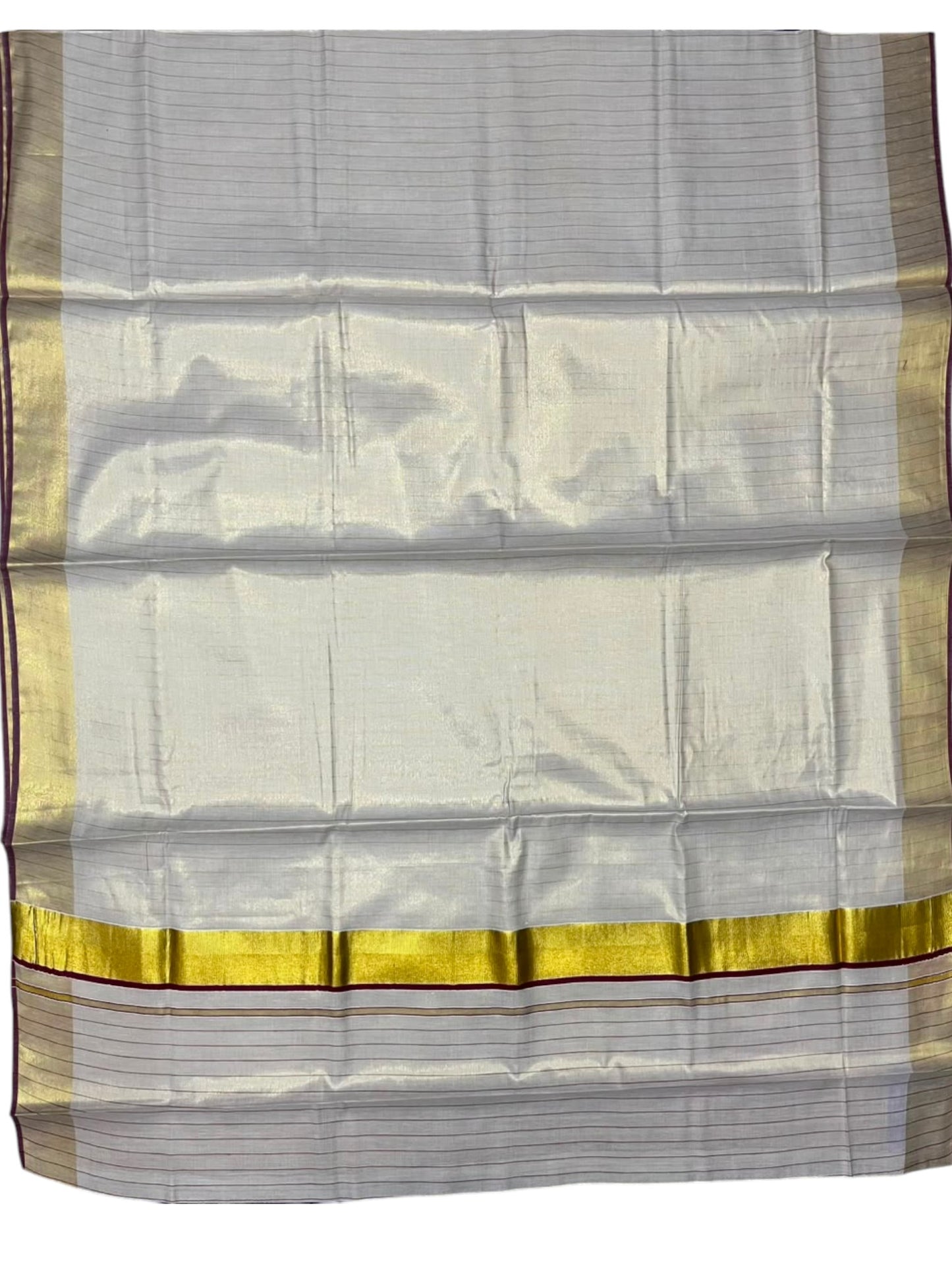 Southloom Kerala Tissue Kasavu Saree with Stripes on Body In Maroon Border