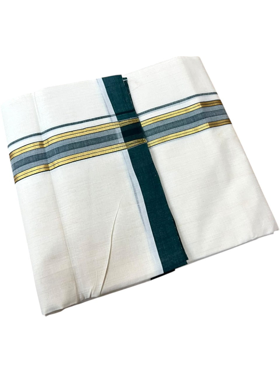 Southloom Balaramapuram Unakkupaavu Premium Handloom Cotton Double Mundu with Gold Kasavu and Green Border