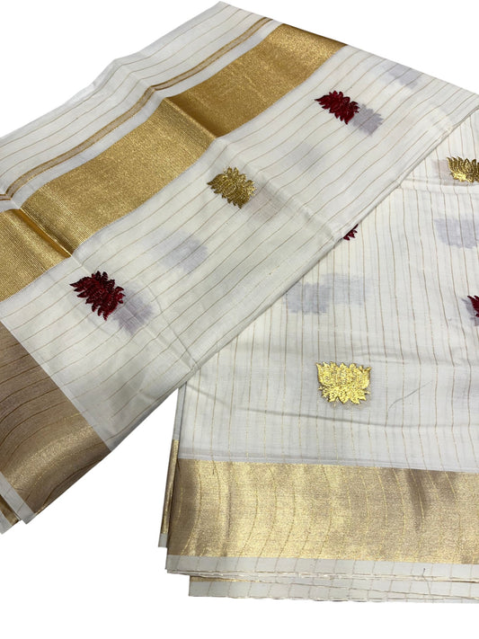 Southloom Kerala Cotton Kasavu Line Saree with Maroon Lotus Embroidery Works