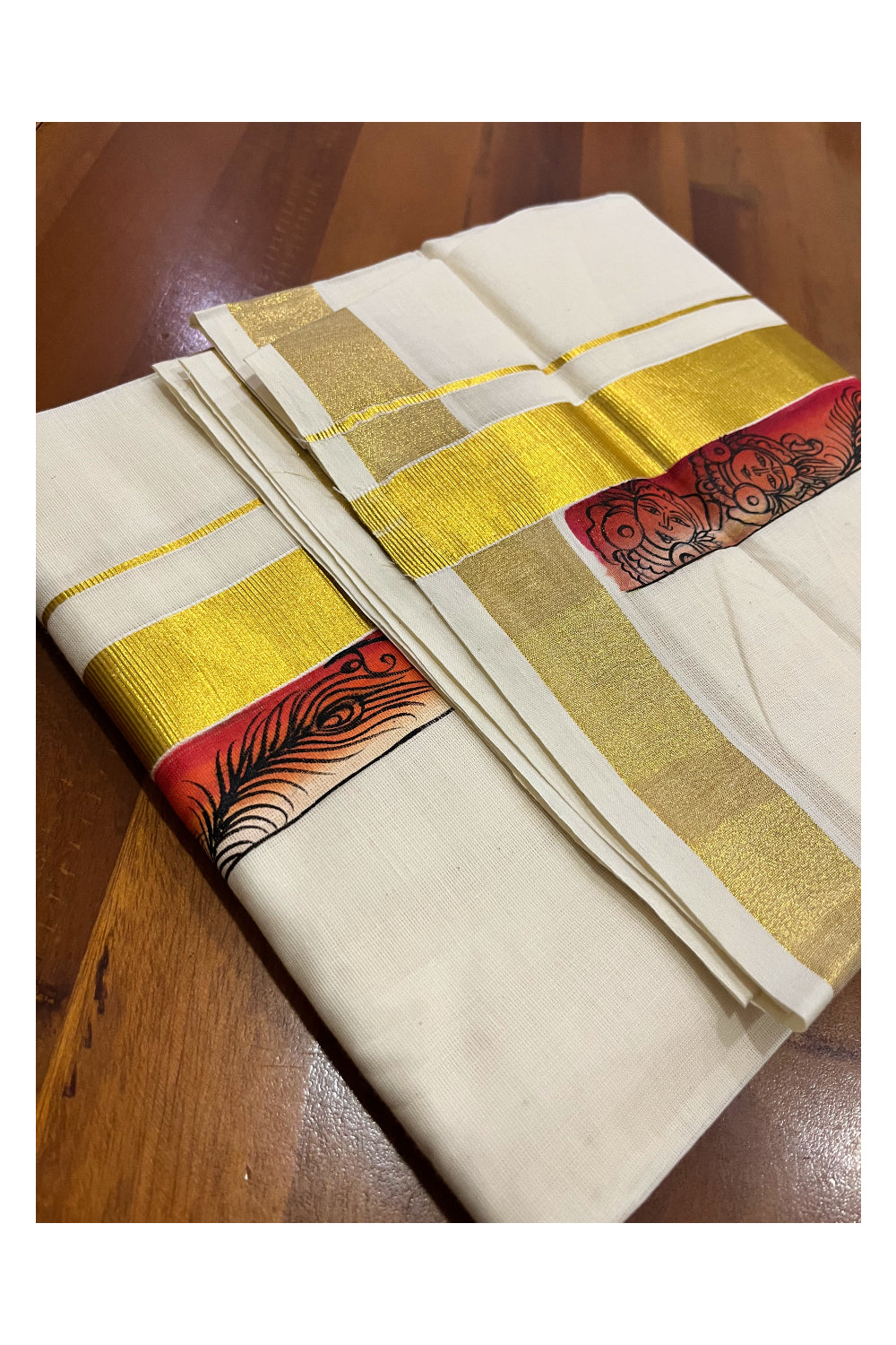 Kerala Pure Cotton Double Mundu with Mural Painted Design on Kasavu Border (South Indian Kerala Dhoti)