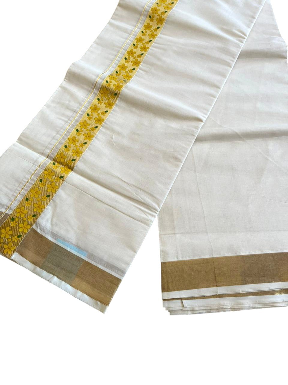 Southloom Kerala Pure Cotton Double Mundu with Kasavu Yellow And Kanikonna Print (South Indian Kerala Dhoti) SL288