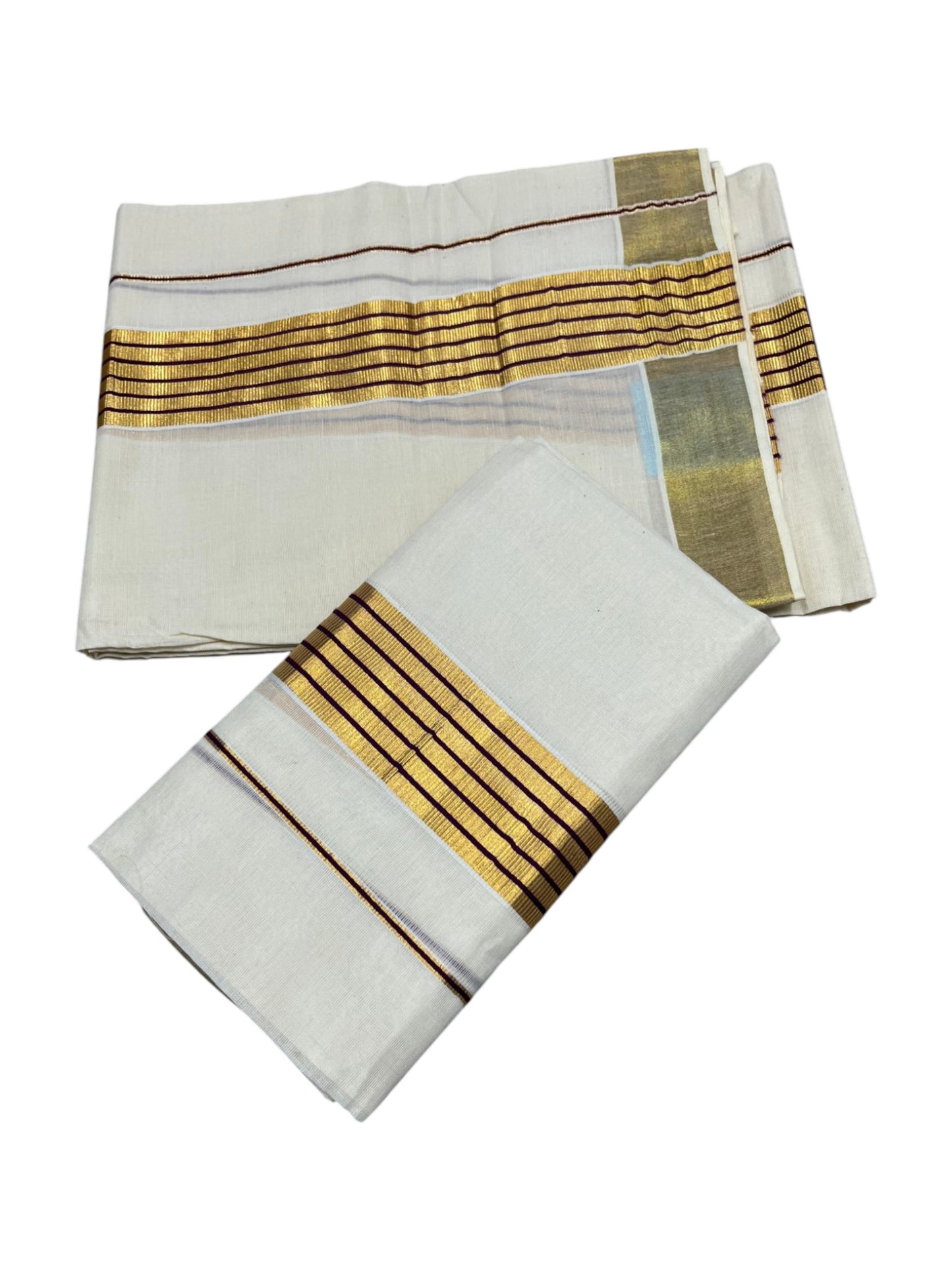Southloom Pure Cotton Kerala Kasavu Set Mundu (Mundum Neriyathum) Kasavu & Purple Border in 2.80 Mtrs