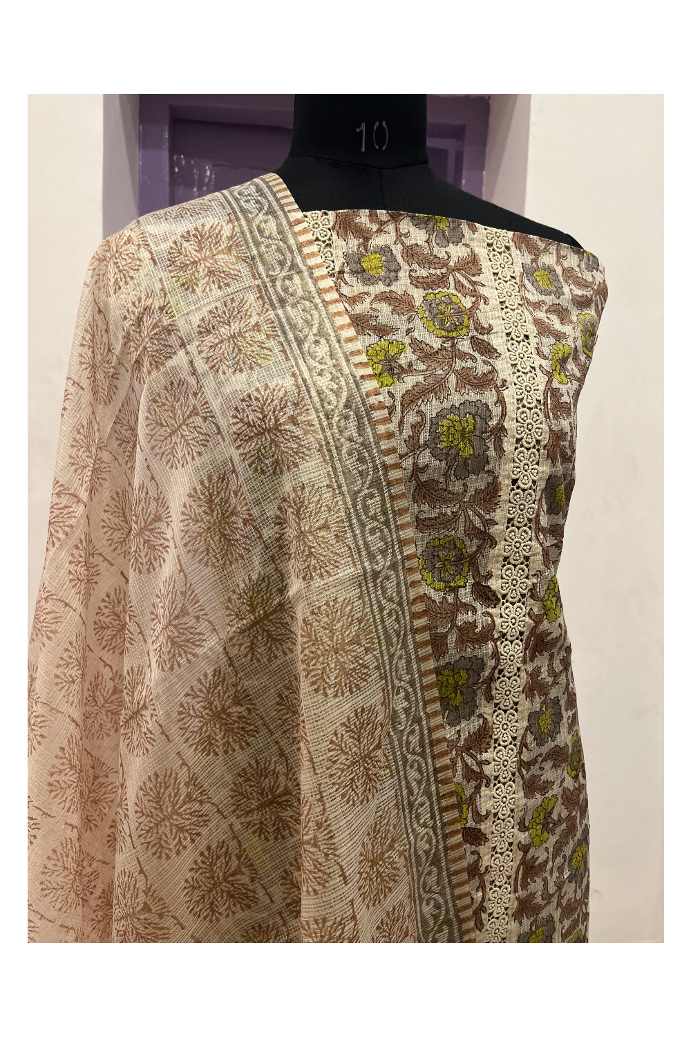 Southloom™ Semi Cotton Churidar Salwar Suit Material in Brown Floral Prints