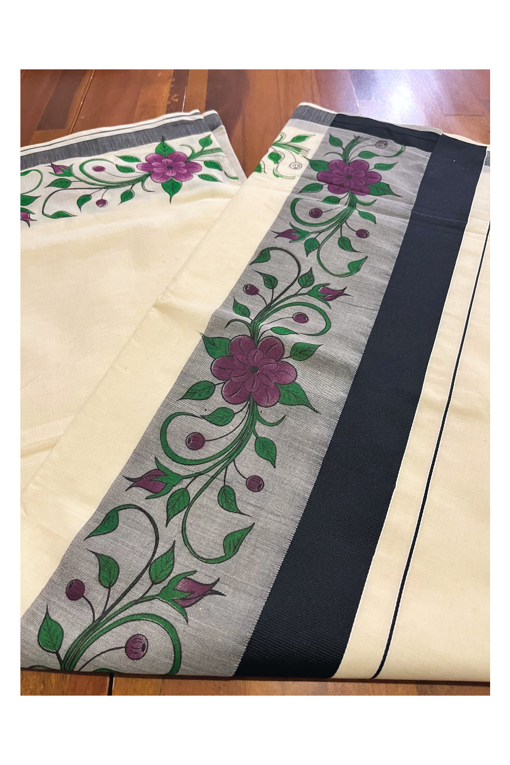 Pure Cotton Kerala Saree with Floral Block Printed Black Border