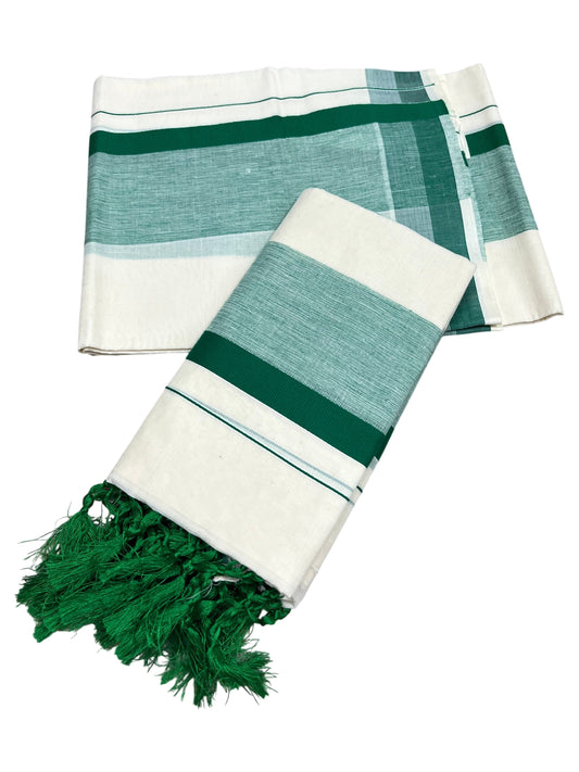 Southloom Kerala Cotton Mundum Neriyathum Single (Set Mundu) with Green Border 2.80 Mtrs