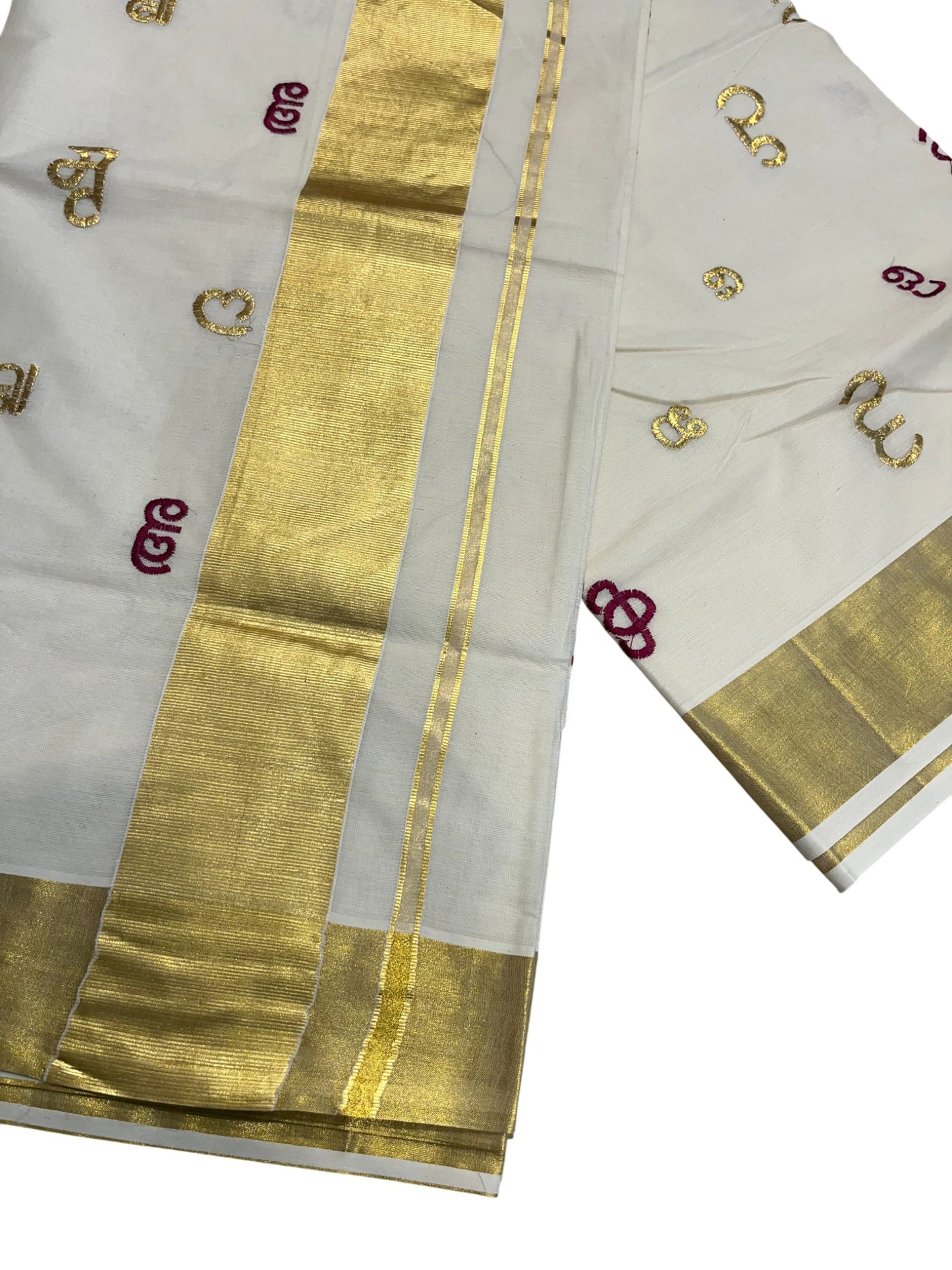 Southloom Kerala Cotton Kasavu Saree with Gold and Magenta Malayalam Aksharamala Embroidery Work on Body