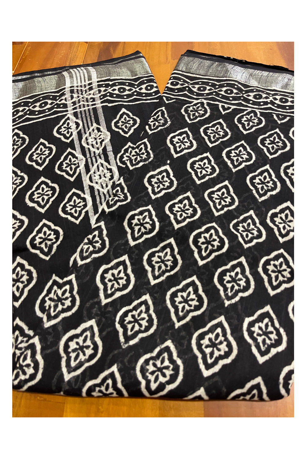 Southloom Linen Black Designer Saree with White Prints