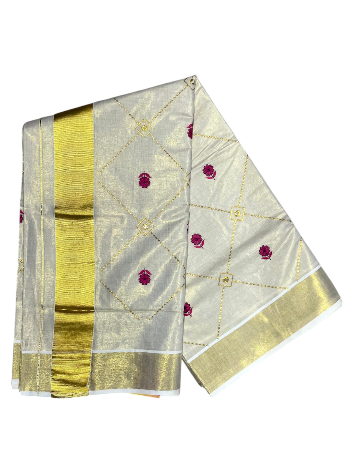 Southloom Tissue Kerala Kasavu Plain Saree with  Embroidery Designs on Body