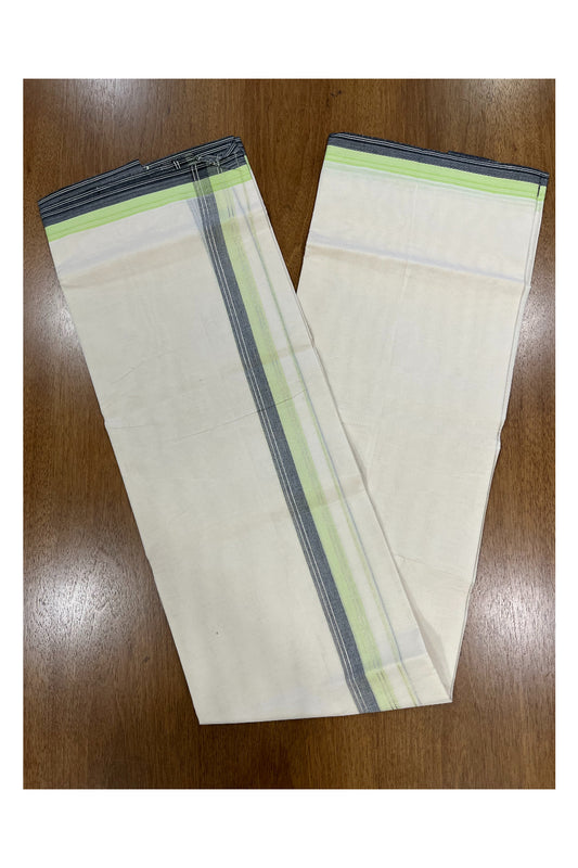 Off White Pure Cotton Double Mundu with Green and Grey Kara (South Indian Kerala Dhoti)
