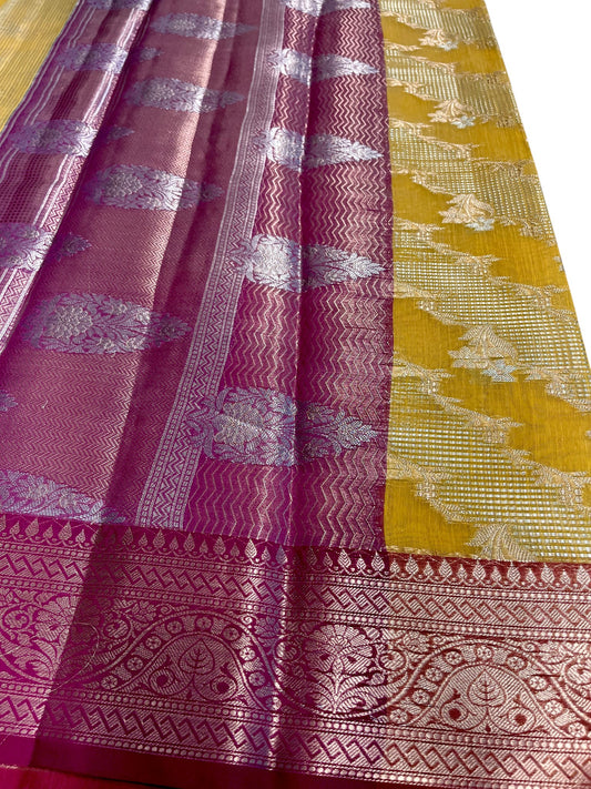 Southloom Tissue Banarasi Silk Saree with Woven Work on Body and Borders (Yellow & Magenta)
