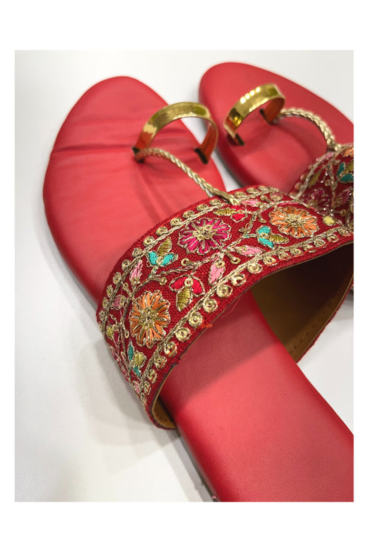 Southloom Jaipur Handmade Embroidered Red Sandals