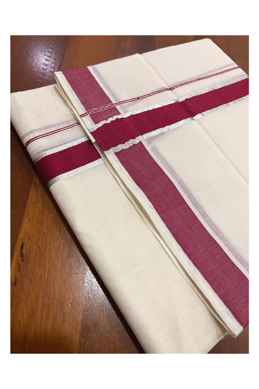 Pure Cotton Double Mundu with Silver Kasavu and Maroon Kara (South Indian Kerala Dhoti)