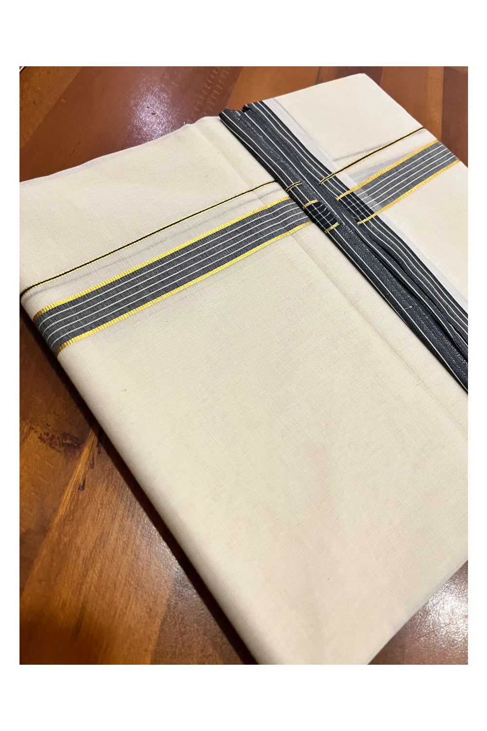 Pure Cotton 100x100 Double Mundu with Kasavu and Black Line Border (South Indian Kerala Dhoti)