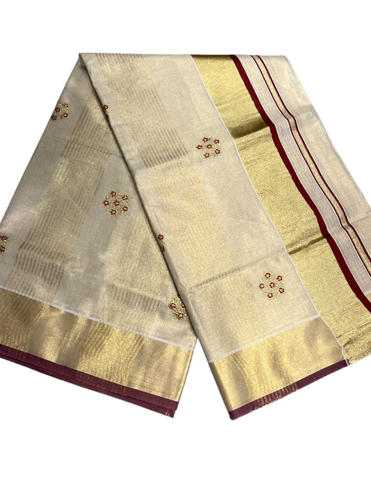 Kerala Tissue Kasavu Stripes Saree with Maroon and Gold Embroidery Design on Body