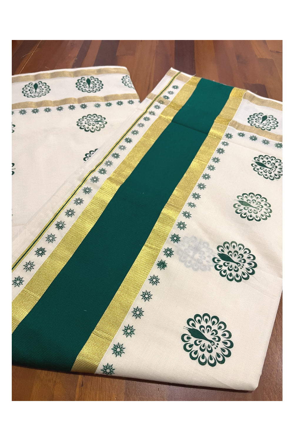 Pure Cotton Kerala Saree with Green Peacock Block Printed Kasavu Border