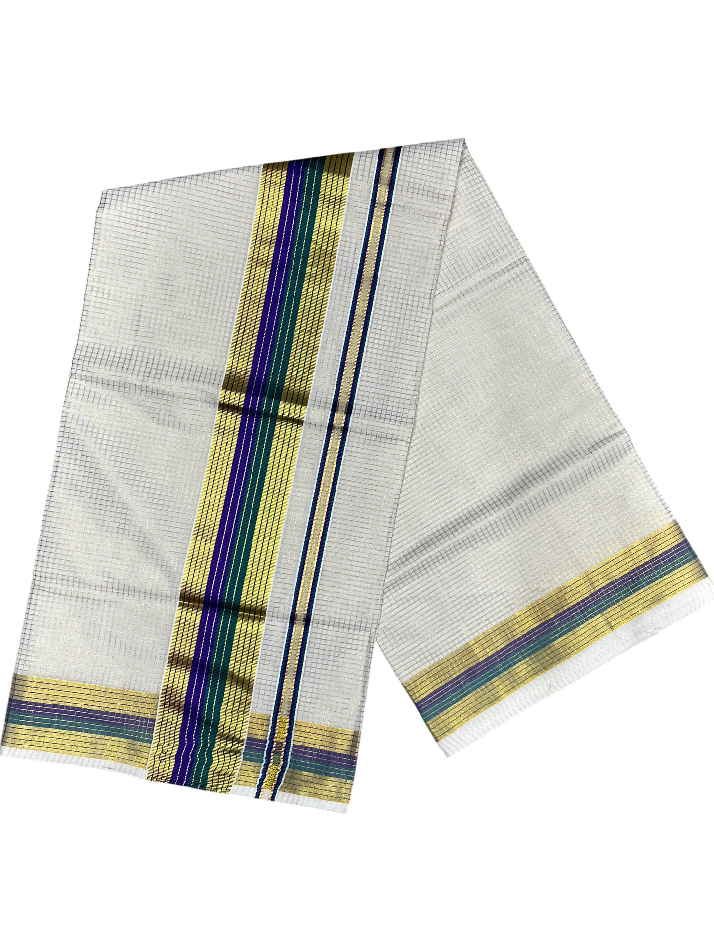Southloom Kerala Cotton Kasavu Saree with Micro Check Design on Body in Violet & Green Border
