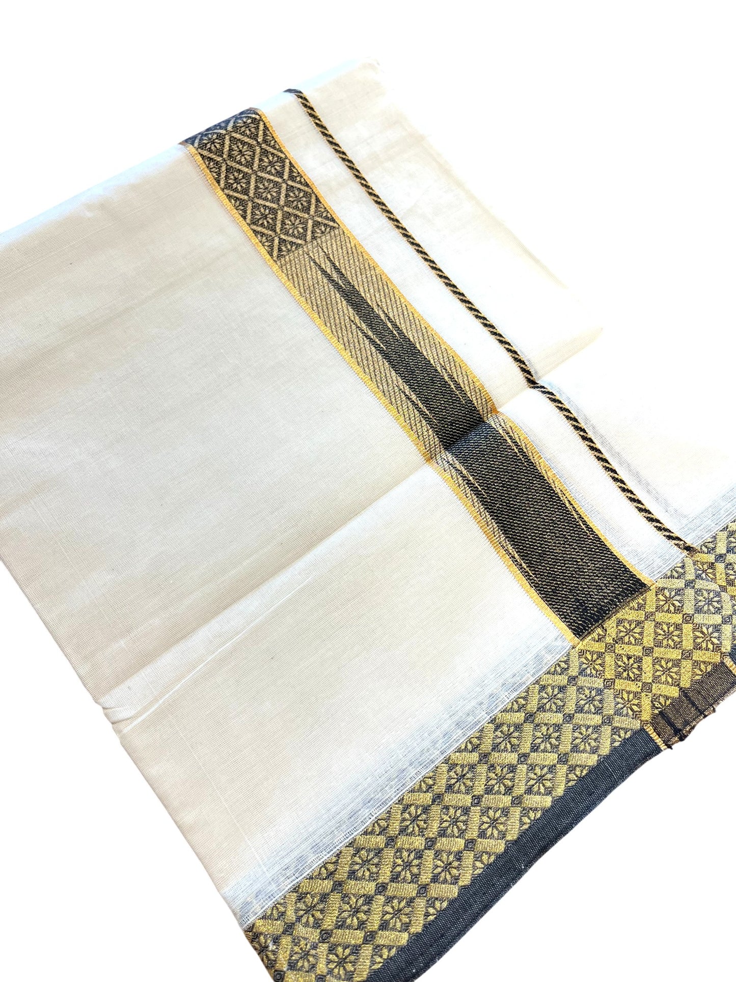 Southloom Kerala Pure Cotton Double Mundu with Kasavu Kara and Black Border (South Indian Dhoti)