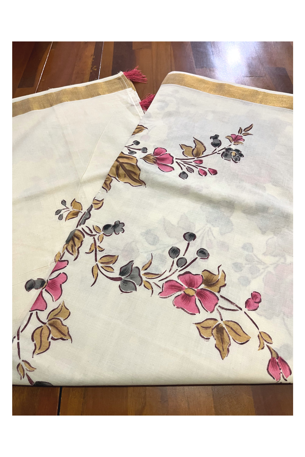 Kerala Cotton Kasavu Saree with Floral Painted Designs