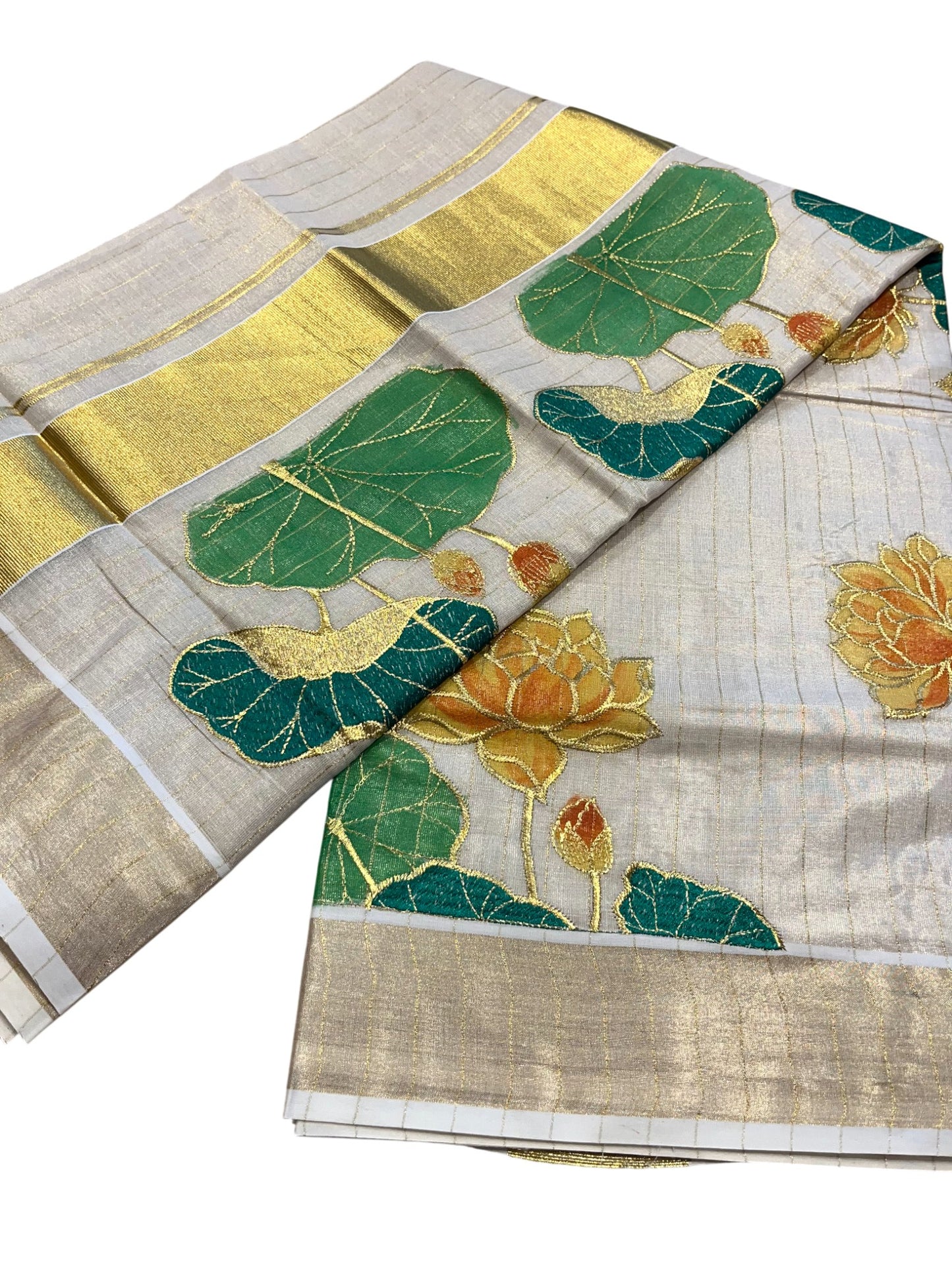 Southloom Tissue Kerala Kasavu Saree with Hand Painted Embroidery Lotus Design
