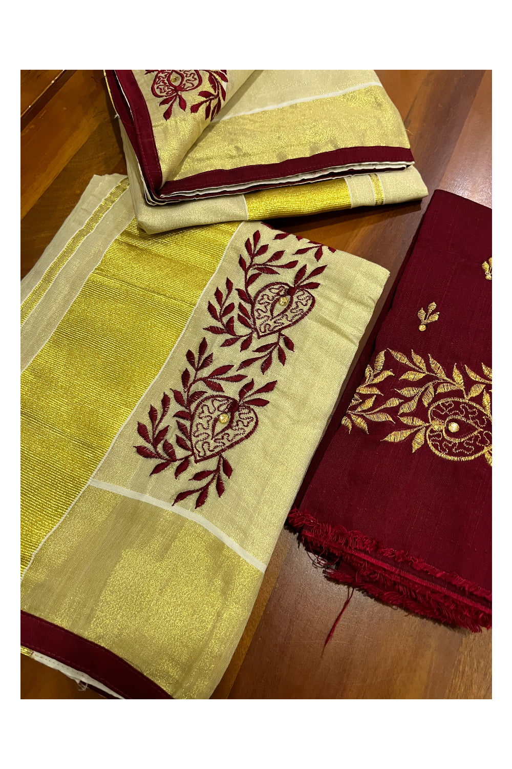 Kerala Tissue Kasavu Set Mundu (Mundum Neriyathum) with Handwork Embroidery Design and Maroon Blouse Piece