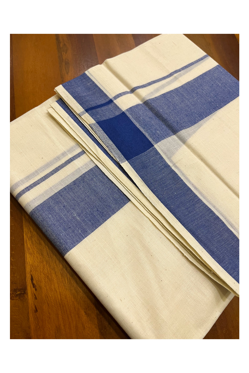 Kerala Pure Cotton Double Mundu with Blue Kara (South Indian Kerala Dhoti)