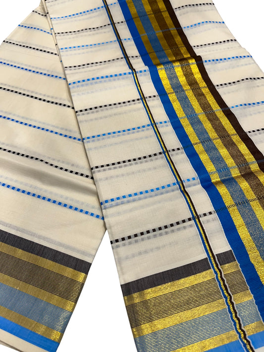 Southloom Cotton Kasavu Saree with Blue and Brown Thread Work Across Body