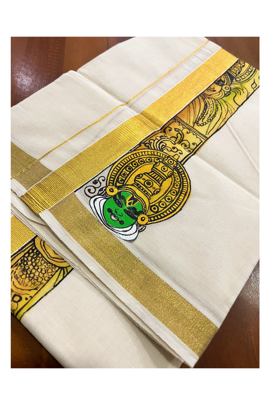 Pure Cotton Kerala Double Mundu with Kathakali Hand Painted Designs on Kasavu Border (Vishu Collection 2024)