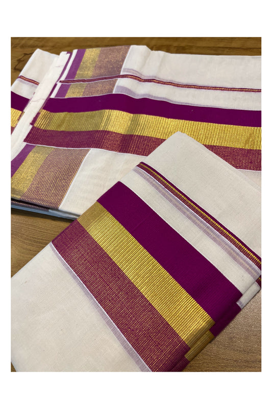 Kerala Cotton Set Mundu (Mundum Neriyathum) with Magenta and Kasavu Border 2.80 Mtrs