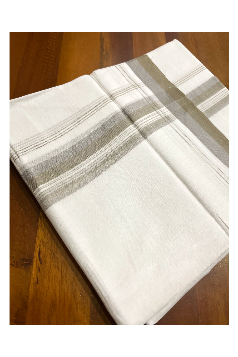 Pure White Cotton Kerala Double Mundu with Greenish Grey Border (South Indian Kerala Dhoti)