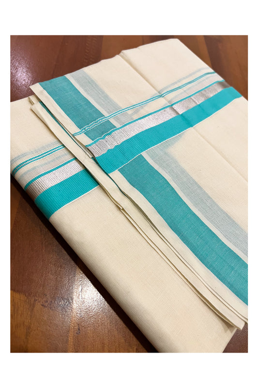 Pure Cotton Double Mundu with Silver Kasavu and Turquoise Kara (South Indian Kerala Dhoti)