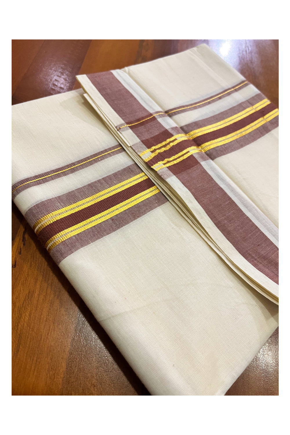 Pure Cotton Off White Kerala Double Mundu with Brown and Kasavu Border (South Indian Dhoti)