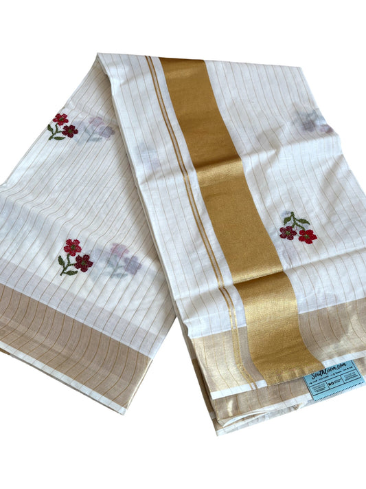 Southloom Kerala Cotton Kasavu Stripes Saree with Red and Maroon Floral Embroidery Work