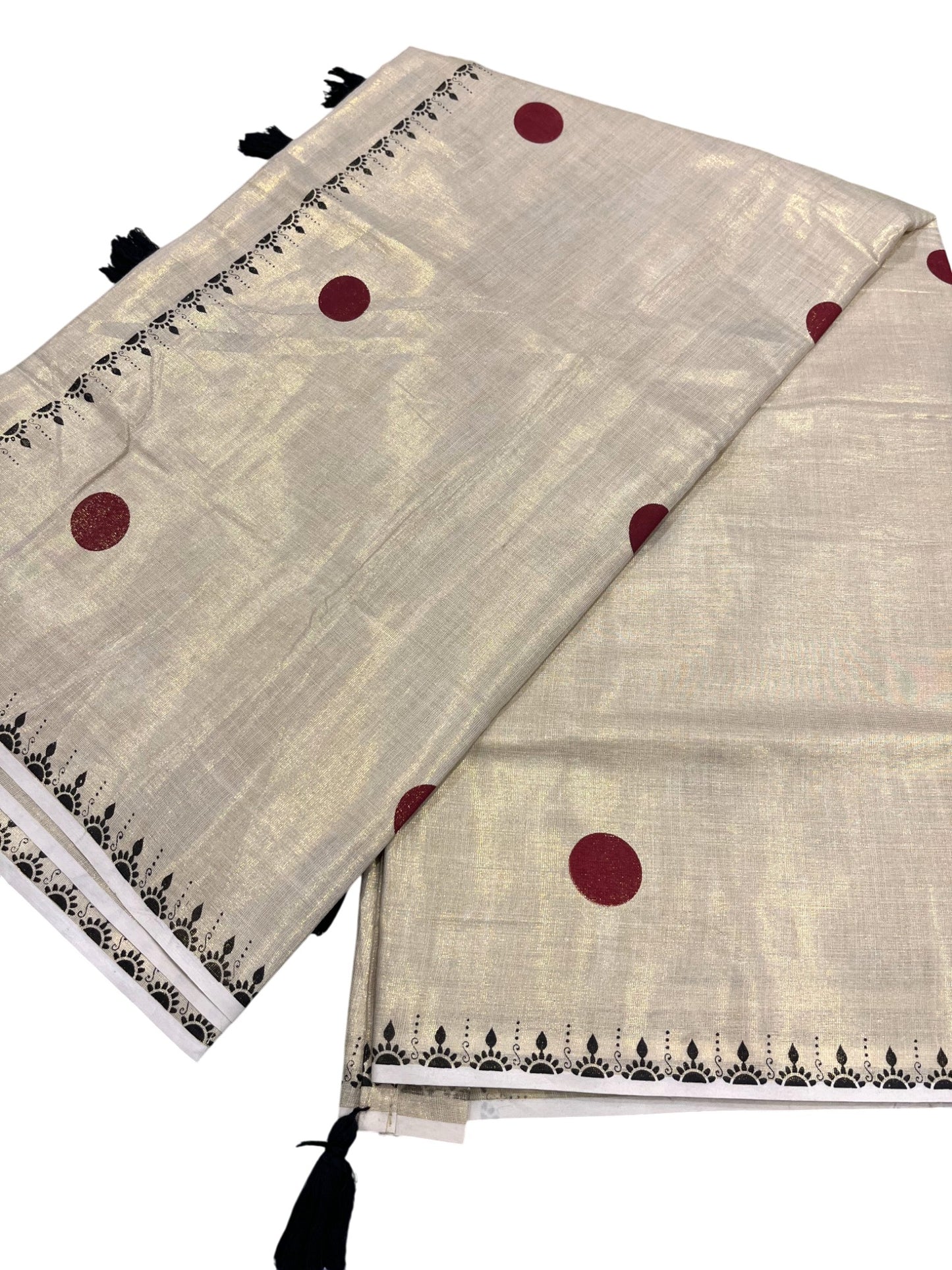 Southloom Kerala Tissue Kasavu Saree With Maroon Polka Dots on Body