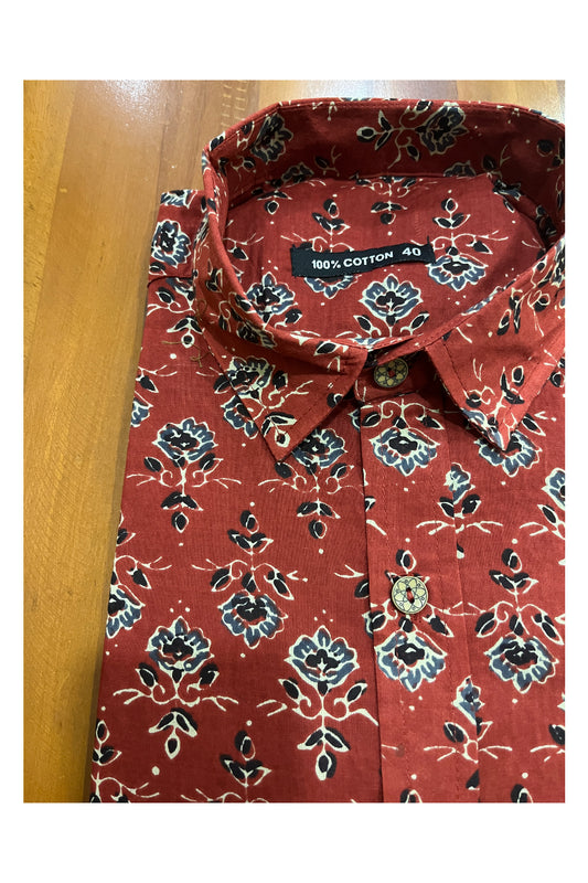 Southloom Jaipur Cotton Brick Red Hand Block Printed Shirt (Half Sleeves)