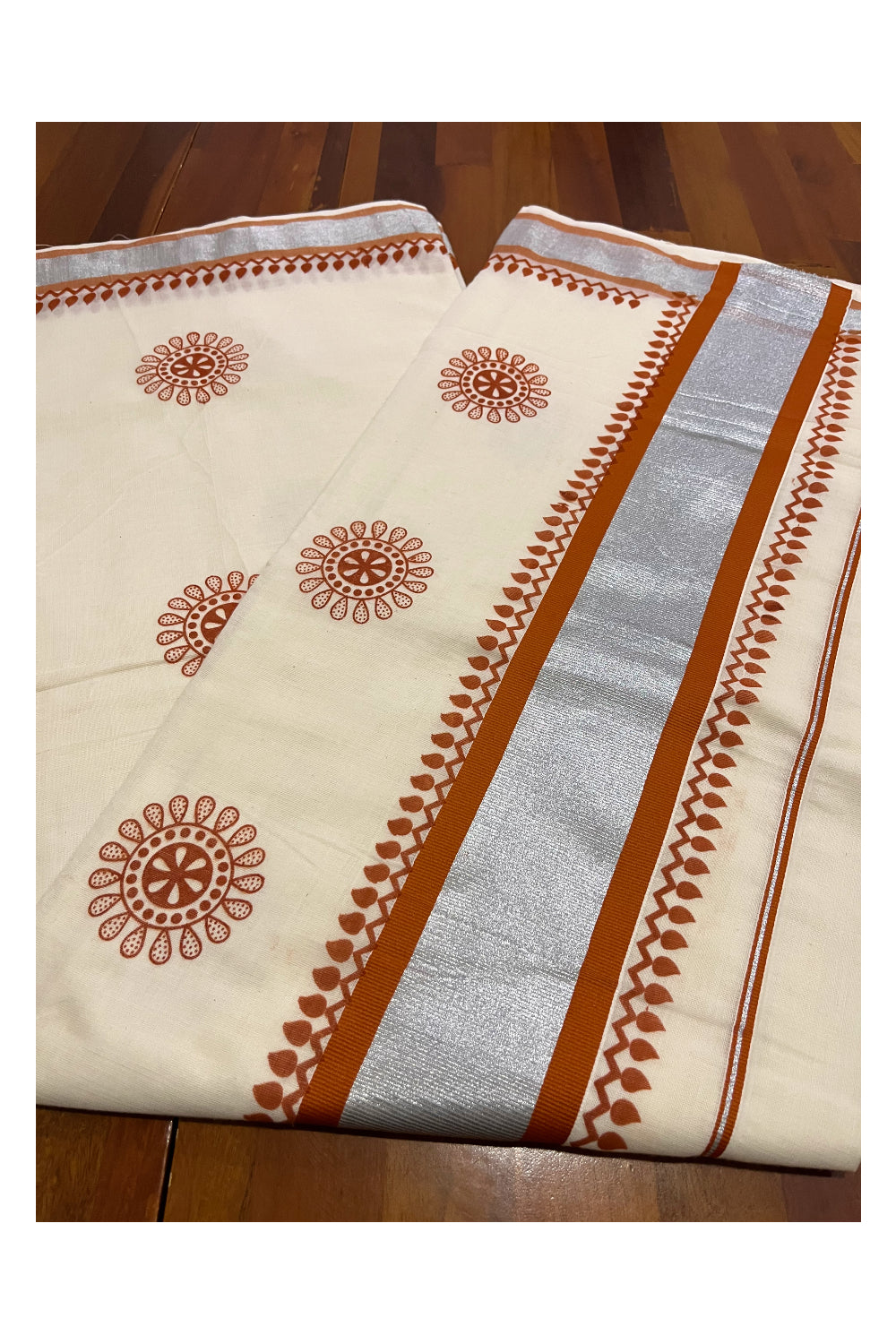 Kerala Pure Cotton Saree with Orange Block Prints and Silver Kasavu Border