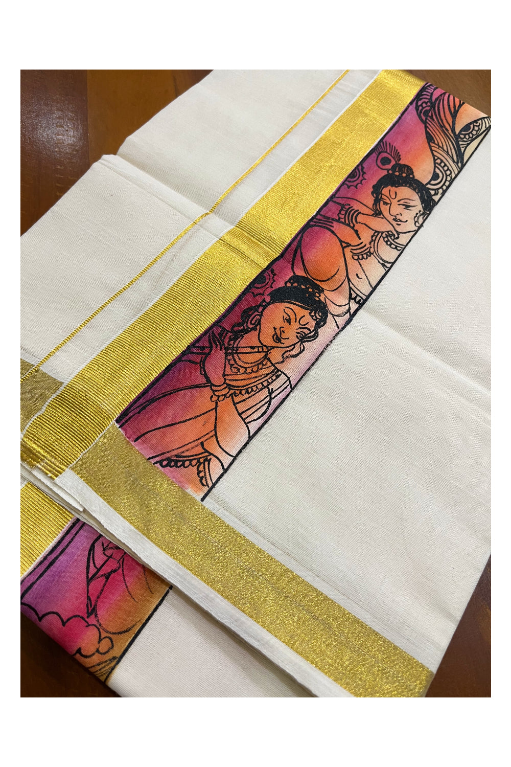 Kerala Pure Cotton Double Mundu with Mural Hand Painted Design on Kasavu Border (South Indian Kerala Dhoti)