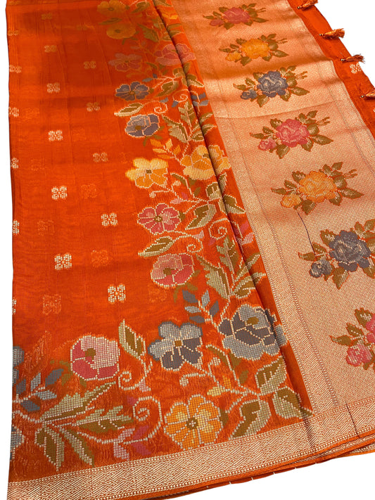Southloom Banarasi Silk Saree with Woven Work on Body and Borders (Orange & Violet)