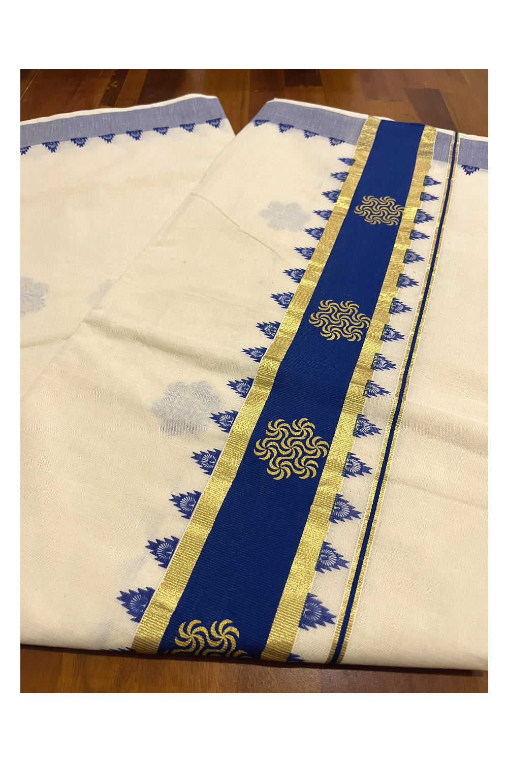 Pure Cotton Kerala Kasavu Saree with Blue Floral Block Printed Design